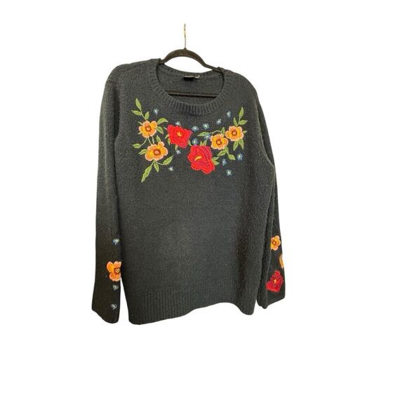 Cliche Navy Blue Floral Embroidery Wool Blend Sweater Womens Sz Large Stretch - Picture 1 of 5